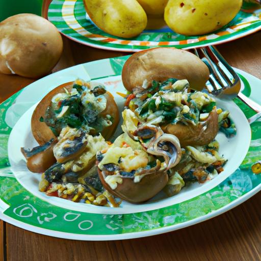 Beef and Spinach Stuffed Potatoes with Sauteed Mushrooms