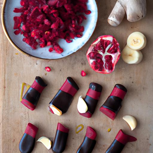 Dark Chocolate Covered Banana Bites with Pomegranate, Beetroot, and Ginger