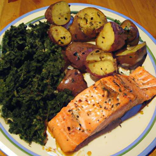 Broiled Salmon with Roasted Potatoes and Kale