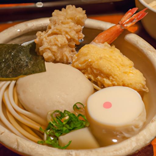 Udon Noodle Soup with Oden Fish Cakes, Snow Crab, and Sashimi